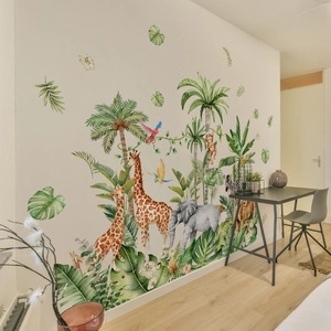 Jungle Animal Oasis Wall Stickers Tropical Palm Leaves Elephant Giraffe PVC Removable Self Adhesive Wall Decals Kids Room Decor