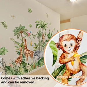 Tropical animal forest wall stickers featuring watercolor giraffe, elephant, and palm leaves