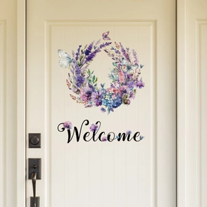 Floral Welcome door sticker with lavender wreath and butterflies on wooden door background