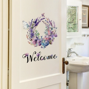 Floral Welcome door sticker with lavender and butterflies on white bathroom door