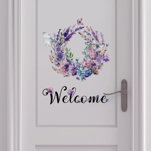 Detail of floral Welcome door sticker with watercolor lavender and butterfly design