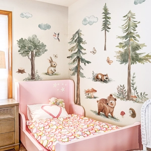 Watercolor forest animal wall decals for kids bedroom featuring bears rabbits and trees