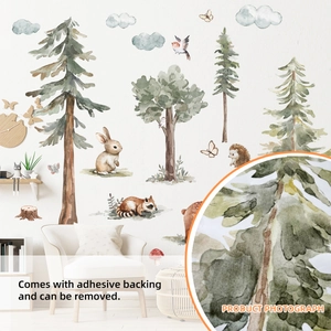 Watercolor forest animal wall decals with rabbits and trees for nursery decoration