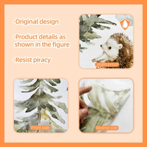 Waterproof adhesive detail of watercolor forest animal wall stickers with hedgehog and pine