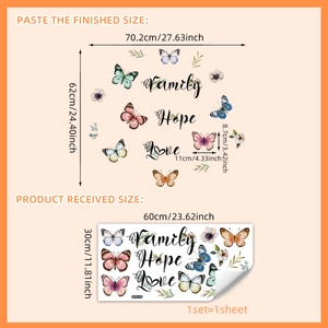 Stickers muraux papillons avec citations Family Hope Love et motifs aquarelle colorés