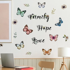 Stickers muraux fleurs et papillons colorés avec citations Hope Love Family pour salon