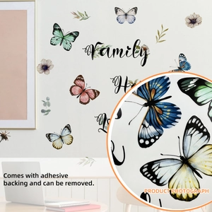 Sticker mural créatif avec papillons et fleurs et texte Family pour décor de maison