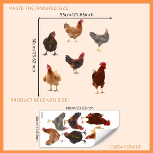 Country style rooster wall stickers size guide showing 55x60cm finished pastoral design