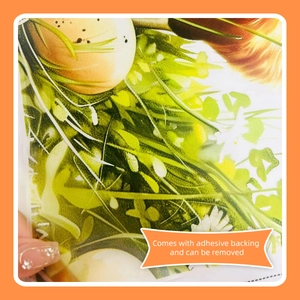 Detail showing self-adhesive backing of the hen and meadow wall sticker with easy removal