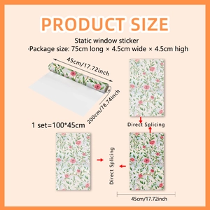 Floral static window film with pink roses and green leaves for glass decoration
