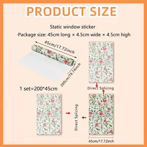 Detailed size chart for rose vine window film showing 200cm x 45cm static cling dimensions