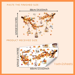 Autumn birdcage and maple leaf wall stickers set showing finished and layout sizes