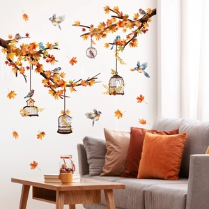 Autumn Wall Stickers Maple Leaves Birds Birdcage PVC Removable Self-Adhesive Home Decor Watercolor Living Room Bedroom