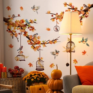 Autumn wall decals featuring birds and cages with maple leaves for home decor