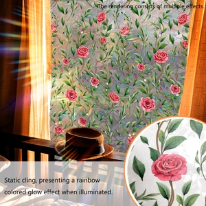 3D rose vine static cling window film with rainbow holographic effect for glass decor
