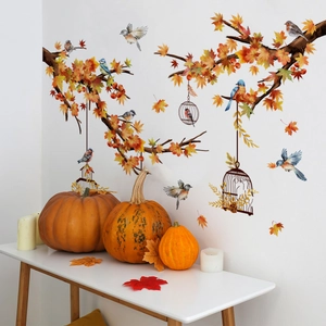 Autumn wall stickers featuring birds, cages and maple leaves for home living room decor