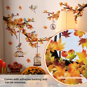 Autumn wall stickers with birdcage and maple leaves on tree branches for home decoration