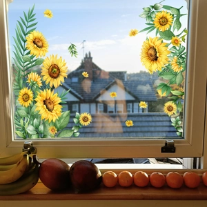 Sunflower and green leaves static window stickers for bright home glass decoration