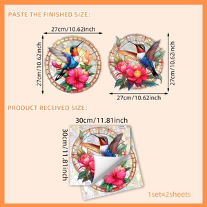 Détail de stickers électrostatiques colibri et hibiscus colorés pour vitres 27cm