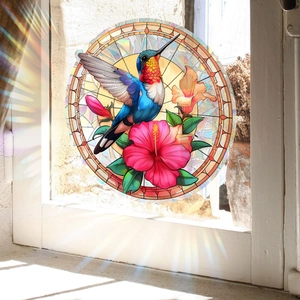 Film décoratif pour fenêtre style vitrail avec colibri coloré et motif floral d'hibiscus