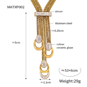 Detail view of titanium steel layered necklace with zircon and color glaze pendant