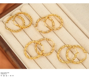 Detailed view of assorted golden twisted hoop earrings displayed in a velvet jewelry box