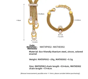 Detail view of gold titanium necklace set with zircon pendants and size specifications