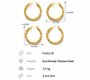 Detailed view of 3.2cm gold plated twist hoop earrings in eco-friendly titanium steel