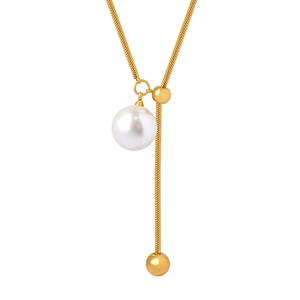 Collier lariat élégant en titane doré en forme de Y avec un pendentif perle blanche