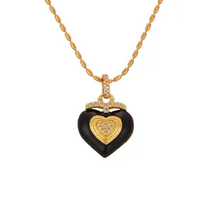 Collier Pendentif Coeur Acier Titane Émail Noir Glaçure Zirconium Chaîne À Billes Style Français Vintage Femmes