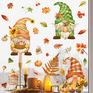 Sticker de fenêtre d'automne avec gnomes, feuilles d'érable, citrouilles et café chaud