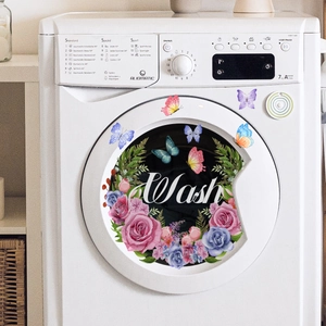 Floral laundry room wall sticker with pink roses and Wash text for washing machine decoration