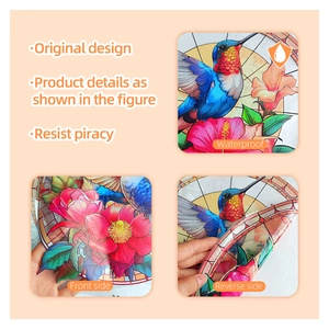 Détail du film de fenêtre étanche colibri et hibiscus avec texture mate effet vitrail
