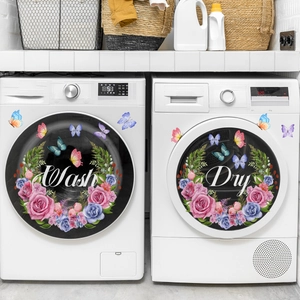 Floral Wash and Dry laundry room stickers with colorful roses and butterflies for washer door