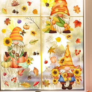 Détail de stickers de fenêtre de Thanksgiving avec gnomes, tournesols et feuilles