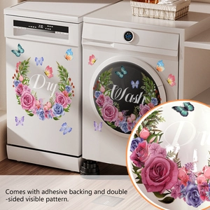 Detail of floral Wash and Dry decals with roses and butterflies on laundry machines