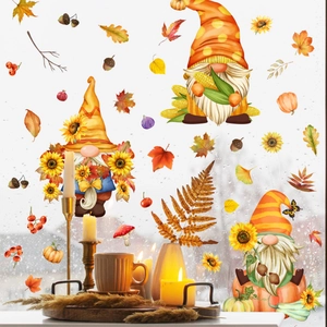 Stickers de fenêtre automne avec nains, feuilles d'érable et tournesols décoratifs
