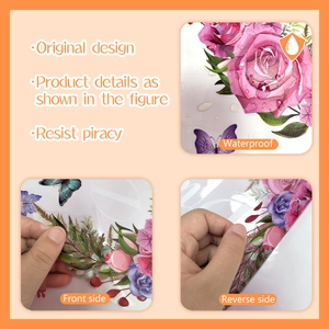 Close-up of waterproof floral laundry decals showing double-sided visual effect