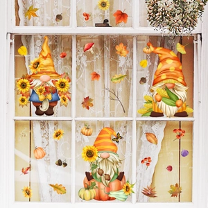 Stickers de fenêtre automne avec gnomes, tournesols, feuilles d'érable et citrouilles