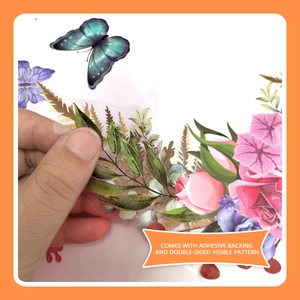Detail of transparent floral laundry stickers with adhesive backing and double-sided patterns
