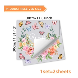 Floral Wash sticker detail showing two sheets of 30cm self-adhesive laundry wall decals