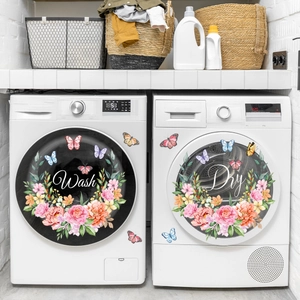 Floral Wreath Laundry Room Stickers PVC Waterproof Self Adhesive Washer Dryer Decals With Butterfly Double Sided Visible