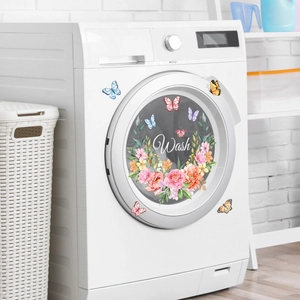 Detail of colorful floral wreath Wash decal and butterflies on white washing machine