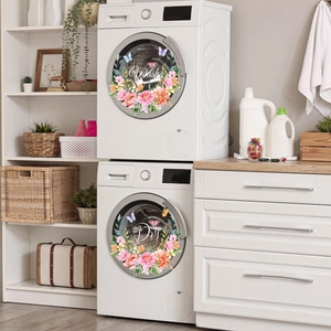 Wash and Dry laundry machine floral wreath stickers with colorful butterflies on glass doors