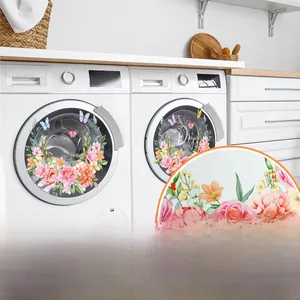 Detail showing self-adhesive floral laundry stickers with wash dry text and double-sided patterns