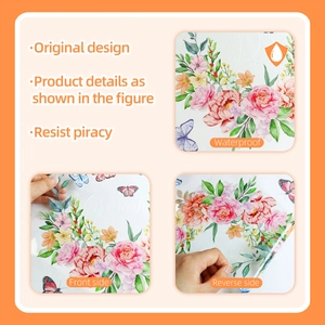 Detail of waterproof double-sided floral wall stickers showing front and reverse side texture