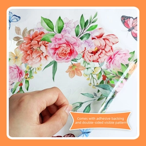 Detail showing adhesive backing and double-sided floral watercolor wall sticker texture