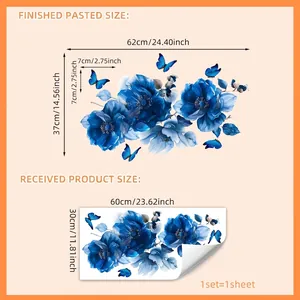 Blue floral wall stickers showing finished 62x37cm and received 60x30cm sheet size guide