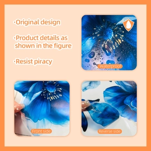 Blue floral wall decals with waterproof feature showing front and reverse side texture