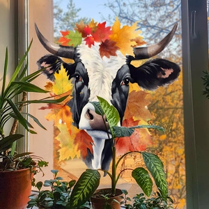 Creative cow and colorful maple leaves window static cling sticker for glass decoration